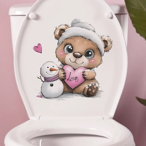Cute Cartoon Bear Snowman Love Heart Toilet Lid Sticker PVC Removable Self Adhesive Bathroom Wall Decal Home Decoration