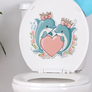 Cartoon dolphins and pink heart decorative self-adhesive wall sticker for toilet lid