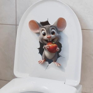 Adesivo 3D per water con topo e mela rossa con effetto crepa realistico decorativo