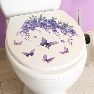 Purple Lavender Butterfly Toilet Sticker PVC Waterproof Removable Wisteria Flower Wall Decal For Bathroom Home Decor