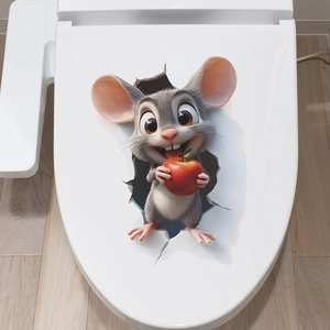 Adesivo da parete 3D con grazioso topo grigio e mela rossa per decorazione del bagno