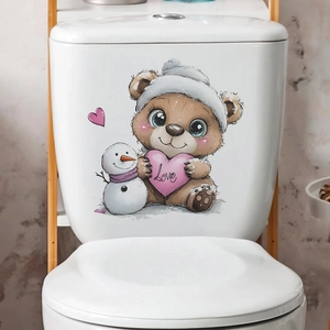 Cute cartoon bear and snowman toilet sticker with pink Love heart on ceramic tank