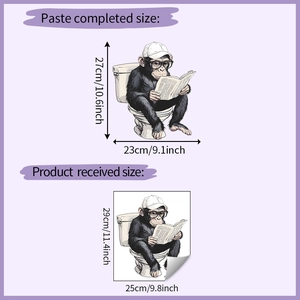 Detail showing dimensions of chimpanzee reading newspaper wall sticker on light background