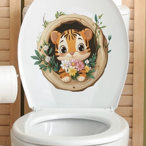 Cartoon Tiger 3D Tree Hole Flower Toilet Sticker Waterproof PVC Self Adhesive Wall Decal For Bathroom Home Decor