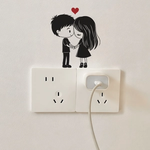Romantic cartoon couple holding hands wall sticker with red heart above a light switch
