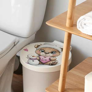 Creamy white desktop trash can with cute cartoon bear and snowman print on lid