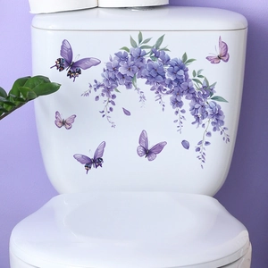 Purple lavender floral and butterfly self-adhesive toilet wall stickers for home decor