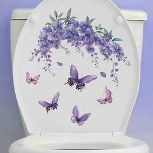 Purple lavender floral and butterfly self-adhesive wall stickers for bathroom toilet decor