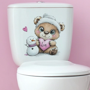 Cute cartoon bear with Love heart and snowman decal sticker for bathroom toilet tank decoration