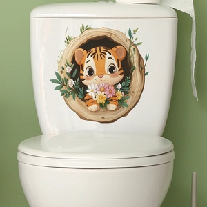 3D cartoon tiger wall sticker with colorful flowers for bathroom toilet decoration
