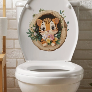 Cute cartoon tiger sitting in tree hole decorative waterproof self-adhesive toilet sticker