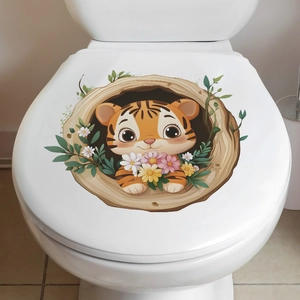 Cartoon tiger in tree hole toilet seat sticker made of self-adhesive PVC for bathroom decor