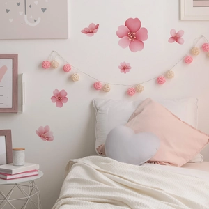 3D Pink Cherry Blossom Wall Stickers PVC Self Adhesive Removable Floral Decals For Bedroom Nursery Wardrobe Home Decoration
