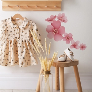 Floral baby dress in cream bubble gauze with white leather walking shoes set