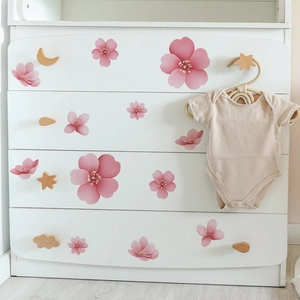 Elegant 3D pink cherry blossom wall stickers for bedroom wardrobe and home decoration