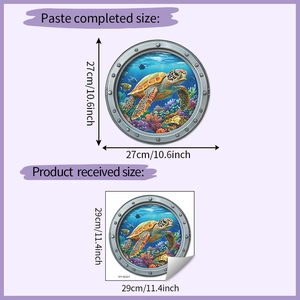 Detail of 3D sea turtle porthole wall sticker with specific product dimensions and sizing