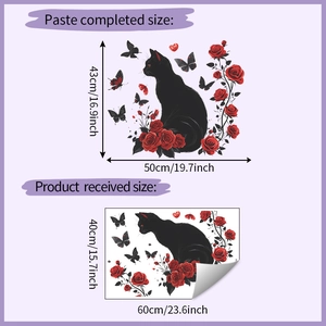 Dimensioni dettagliate degli adesivi da parete con gatto nero e rosa rossa da 40x60cm