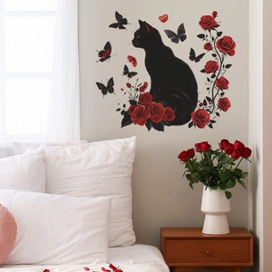 Adesivi Murali Gatto Nero Rosa Rossa Farfalla DIY Rimovibili in PVC Murales Artistici per Camera da Letto Soggiorno Casa