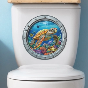 3D submarine window wall sticker featuring sea turtle and tropical fish for bathroom decor