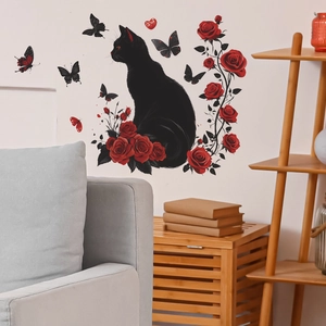 Adesivo murale elegante gatto nero con rose rosse e farfalle per decorazione soggiorno