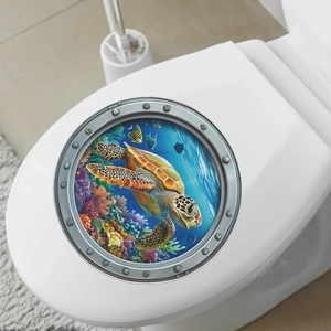 3D porthole wall sticker with sea turtle and coral reef for bathroom toilet decor