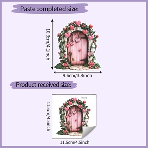 Detailed view of fairy door wall sticker with heart and rose showing product dimensions