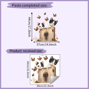 Detaillierte Größentabelle für Wandtattoo Katze und Schmetterling mit Maßen in cm und Zoll