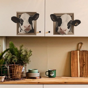 3D cow head wall stickers in wooden frames for home kitchen cabinet decoration set