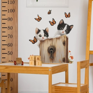 3D Niedliche Katze Schmetterling Holzpfahl Wandaufkleber PVC Abnehmbare Cartoon Tiere DIY Wandbild Für Schlafzimmer Kinderzimmer Home Dekor