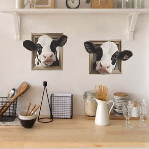 3D realistic cow wall stickers in wooden frames for modern kitchen and living room decor