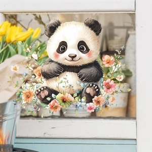 Cute watercolor panda wall sticker with colorful flowers for home and window decoration
