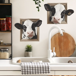 3D Realistic Cow Peeking Out Of Wood Frame Wall Sticker Waterproof PVC Self Adhesive Animal Wall Decal For Kitchen Bedroom Home Decor