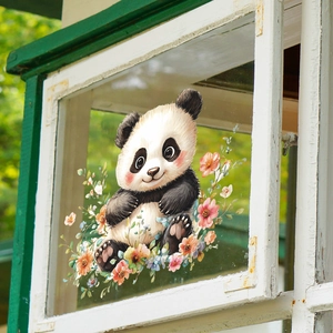 Cute panda wall sticker with colorful flowers on a white wooden window frame