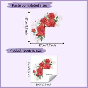 Detail view of red rose wall decal sizes showing application and original layout dimensions