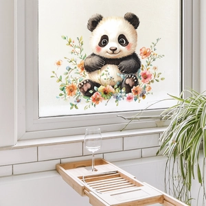 Watercolor panda wall sticker with colorful flowers for home decor and window glass