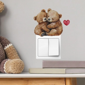 Cute watercolor brown bears hugging with red heart wall sticker for light switch decoration