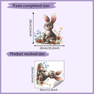 Comparaison de taille d'autocollant lapin montrant les dimensions de la feuille réelle