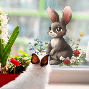 Sticker Mural Lapin de Dessin Animé Floral PVC Autocollant Fenêtre Verre Décalcomanie pour Chambre Salon Décoration Maison Moderne