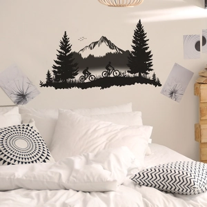 Mountain forest silhouette wall decal with cycling figures for home bedroom decoration