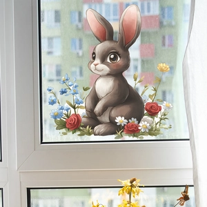 Autocollant de lapin mignon avec fleurs pour décoration de fenêtre maison