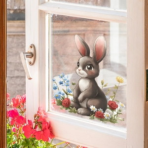 Sticker mural lapin gris avec roses rouges et fleurs bleues pour décoration de fenêtre
