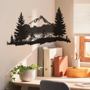 Mountain forest cycling wall sticker with black silhouette design for corner wall decor