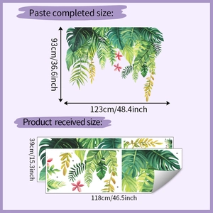 Adesivo murale foglie tropicali con dimensioni dell'installazione e della scheda originale