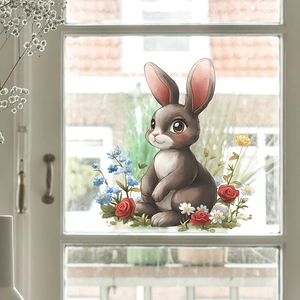 Sticker de fenêtre lapin avec roses rouges et fleurs bleues pour décoration murale