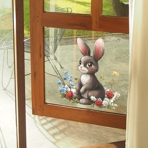 Sticker mural lapin mignon et fleurs colorées pour porte vitrée et décoration