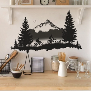 Modern PVC Wall Sticker Mountain Forest Cycling Silhouette Black Decorative Wall Decals For Home Office Bedroom Decor