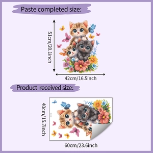 Détails de mise en page et dimensions du sticker mural chats mignons et fleurs