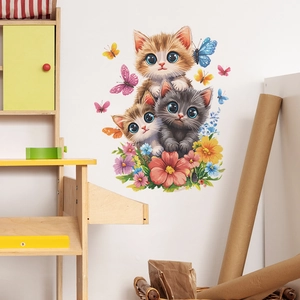 Mignon Dessin Animé Chats Fleurs Sticker Mural Amovible PVC Autocollant Mural Pour Chambre à Coucher Salon Décoration Maison