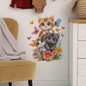 Stickers muraux trois chats mignons avec fleurs pour chambre d'enfant et crèche
