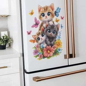 Stickers muraux trois chats mignons avec fleurs et papillons pour décoration intérieure